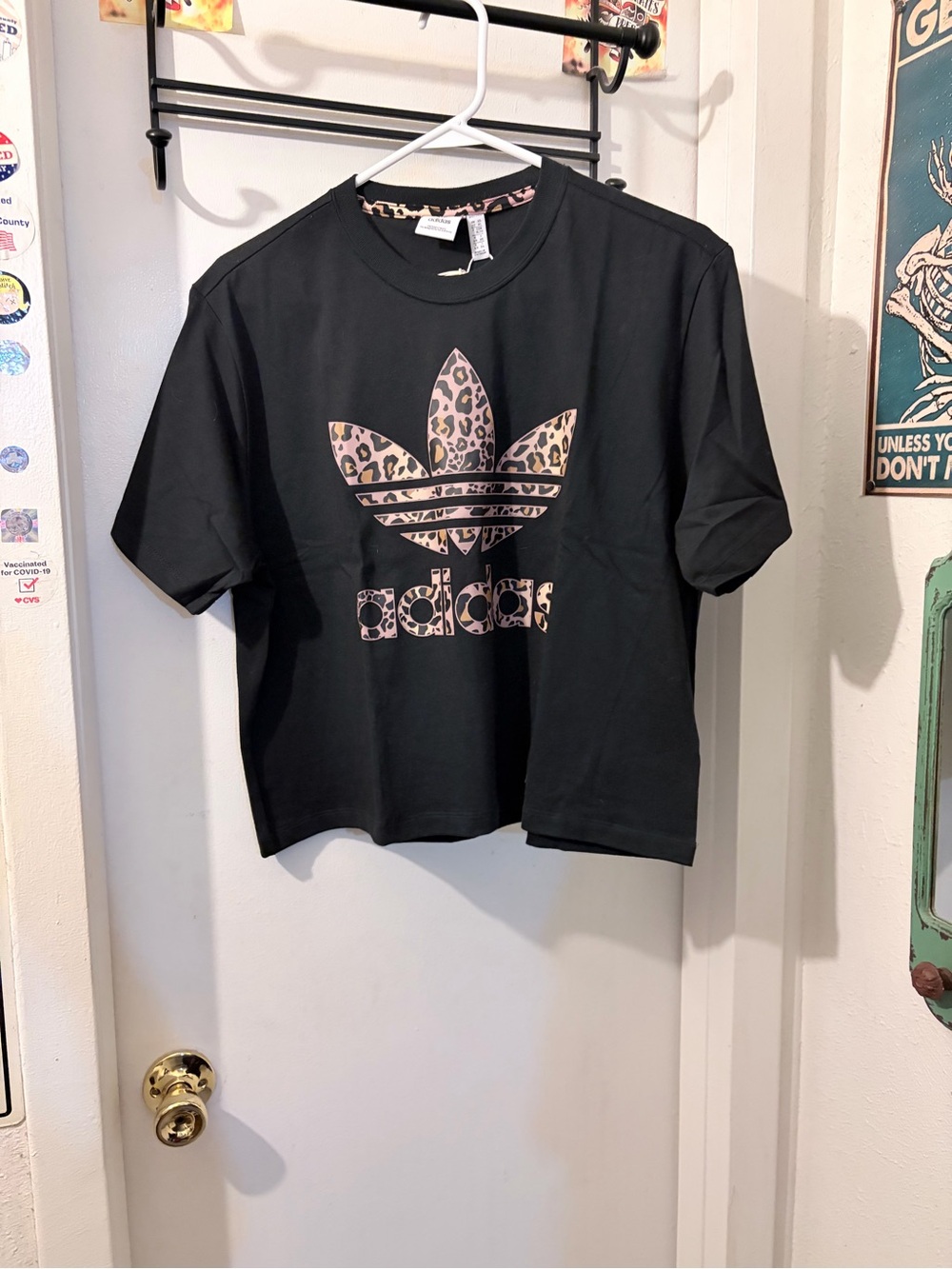 Adidas- size XL- black slightly cropped tee w/ leopard print. NWT